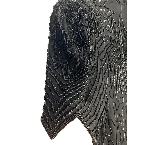 Vintage Laurence Kazar Black Beaded Silk Top 3X Short Sleeve Party Elegant sheer - Picture 4 of 16